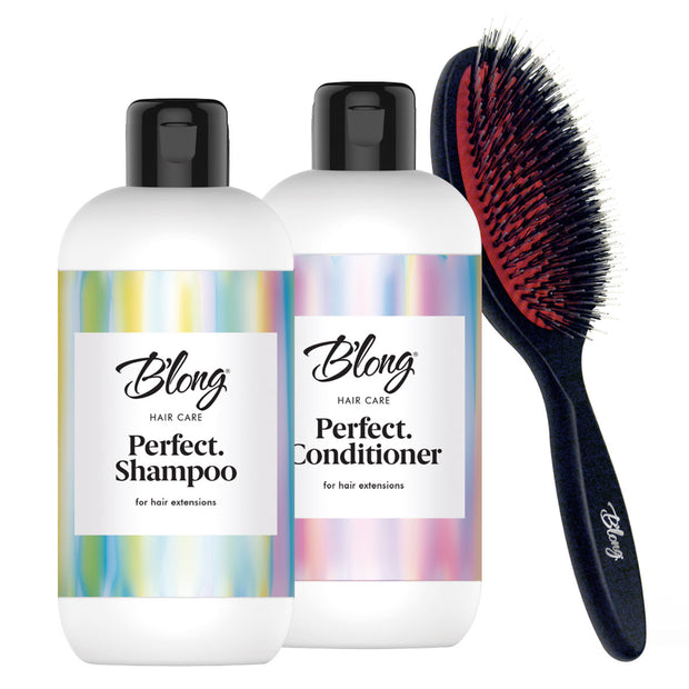 BLONG HAIR CARE pidennyshiusten hoitopaketti -sisältää Blong Perfect shampoon, hoitoaineen ja pidennysharjan. 
